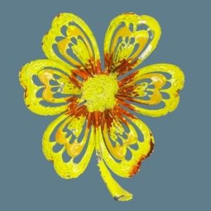 Vintage Hedy Yellow Flower Painted Metal Enameled Brooch/Pin Signed Silver Toned